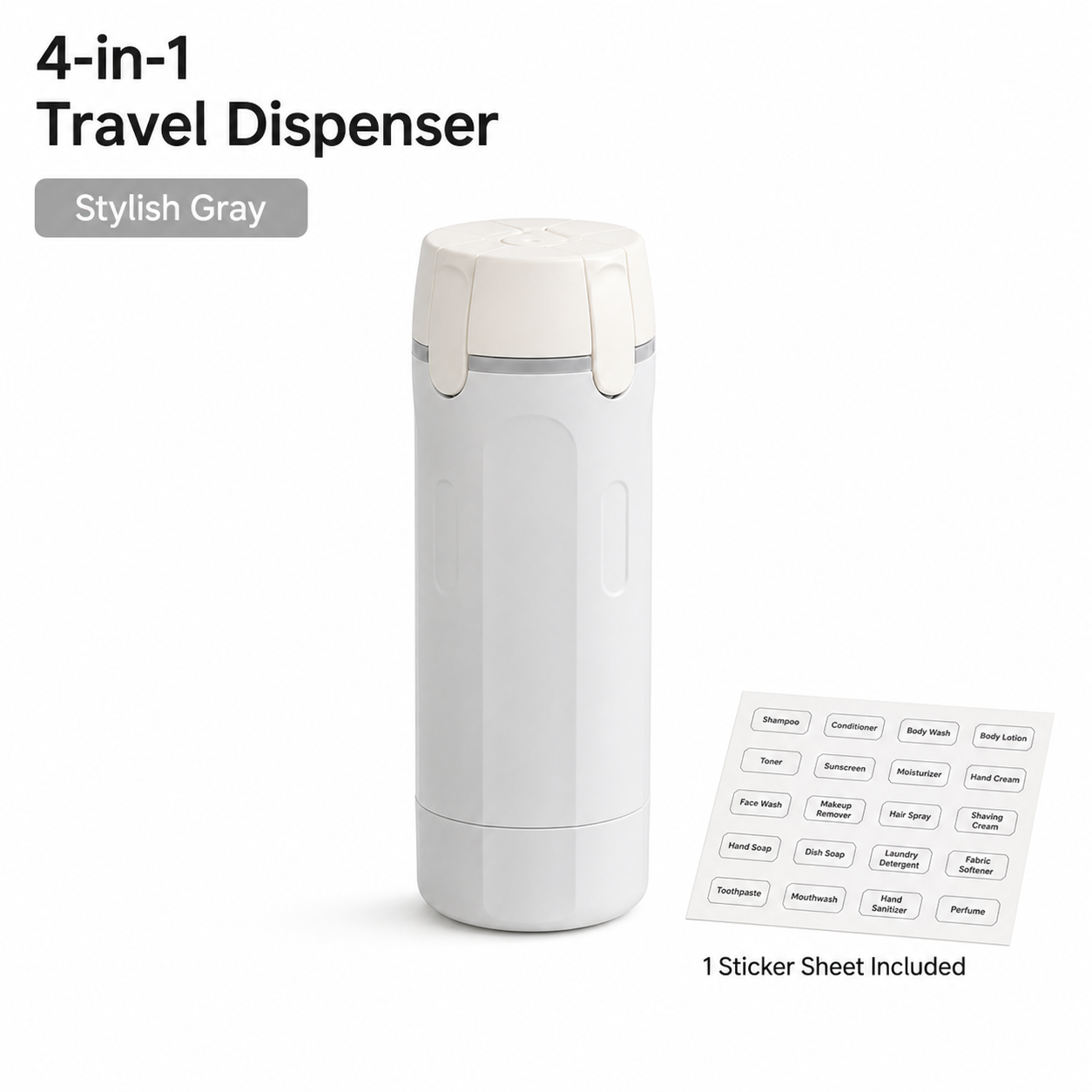Stylish Gray 4-in-1 travel dispenser with sticker sheet