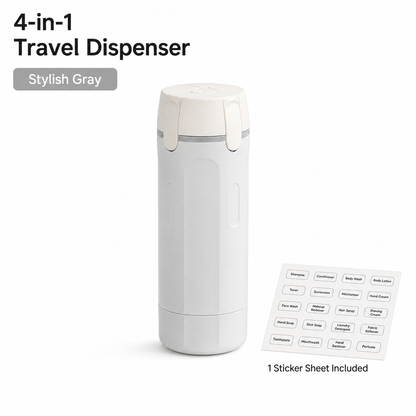Stylish Gray 4-in-1 travel dispenser with sticker sheet